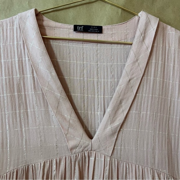 Zara | Asymmetrical Midi Dress Tiered Popover Deep V Neck Pink Metallic Size S - Picture 5 of 14